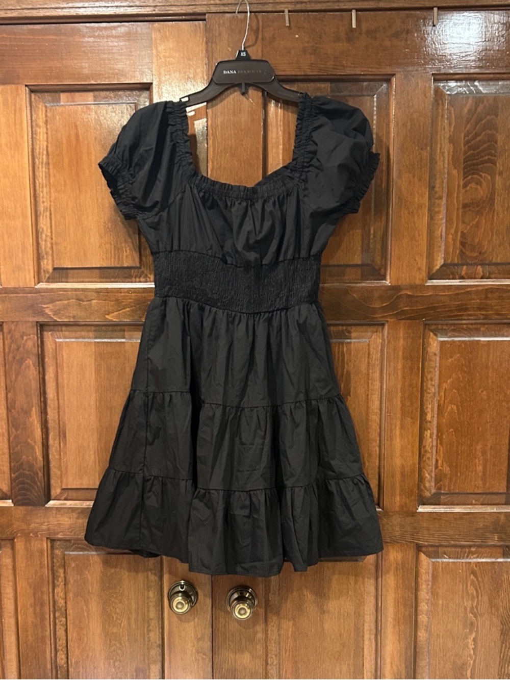 Princess Polly Black Mini Dress Size 10 Milkmaid Smocked Puff Sleeve Tiered - Picture 5 of 9